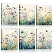 Vercraft 6 Pcs Framed Watercolor Flowers Canvas Wall Art Colorful Wildflower 