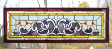 36"W x 12"H Jeweled beveled Tiffany Style stained glass window panel.