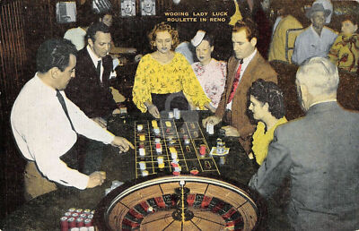 Reno Nevada Playing Roulette Wheel ''Wooing Lady Luck'' Linen Postcard Copy