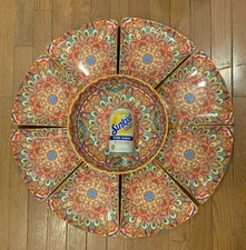 NEW VANCASSO Ceramic Bohemian Geometric 26" Round 9pc Hors D'œuvre Crudités Tray