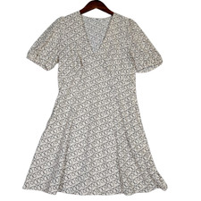 Uniqlo Mini Dress Women's Medium Off White Black Printed V-Neck Short Sleeve