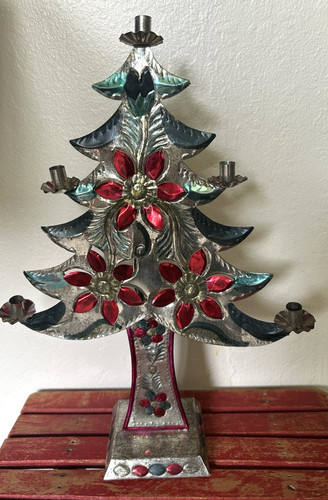 Vintage Mexican Tin Folk Art Christmas Tree Candle Holder Metal Floral 13" High