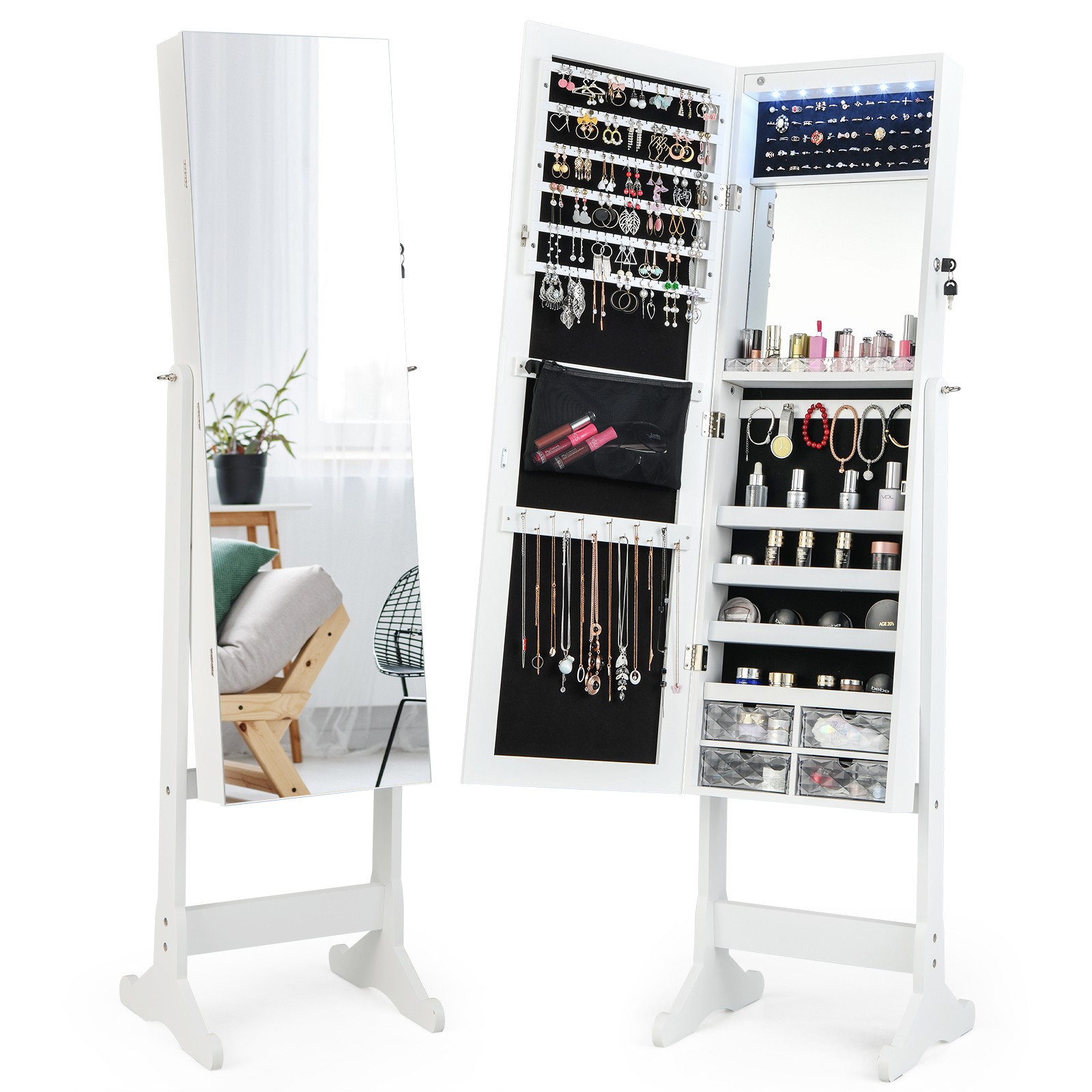 Jewelry Cabinet Armoire Full Length Frameless Mirror Lockabl