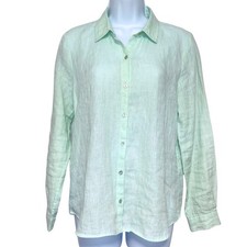 Eileen Fisher Petite Organic Linen Button Up Blouse Womens PS Mint Green Top
