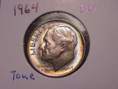 1964 ROOSEVELT DIME BU AMAZING RAINBOW TONE ORIGINAL COIN FREE SHIPPING