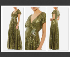 NEW $598 Mac Duggal  Green Sequined Butterfly Sleeve Wrap Over A Line Gown SZ  6