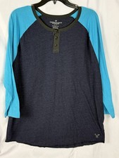American Eagle Outfitters Men's Classic Fit Raglan Henley Shirt Blue Black Large