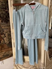 JUICY COUTURE 2 Pcs Jogging Track Set Rhinestone Hooded Top Pant Velour Blue L