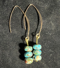 Turquoise Blue Rondelle Stone Beaded Dangle/Drop Hook Gold Plated Earrings