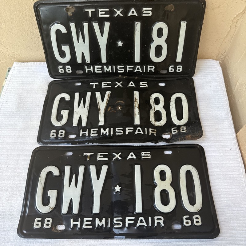 1968 Texas Hemisfair GWY 180 License Plate Pair RARE Vintage & GWY 181 Single￼