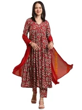 GoSriKi Women's Rayon Blend Anarkali Printed Kurta with Pant & Dupatta