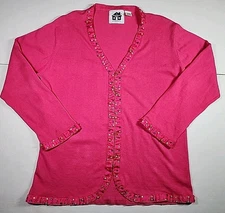 Storybook Knits Treasure Island Pink Cardigan Sweater Jacket Womens Large Beaded