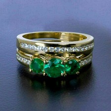 Round Cut Simulated Green Emerald Bridal Wedding Ring In 14k Yellow Gold Plated