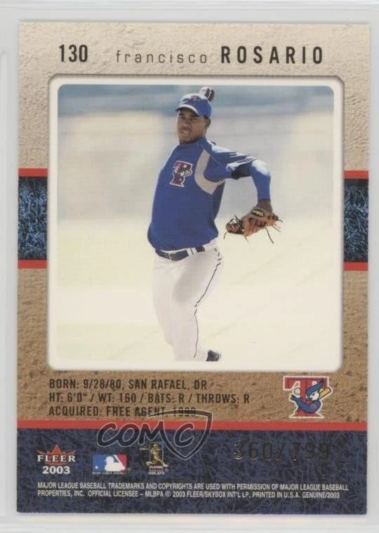2003 Fleer Genuine Genuine Upside /799 Francisco Rosario #130 Rookie RC - Image 2 of 2
