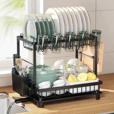 Dish Drying Rack for Kitchen Counter with Drainboard, Large Tier