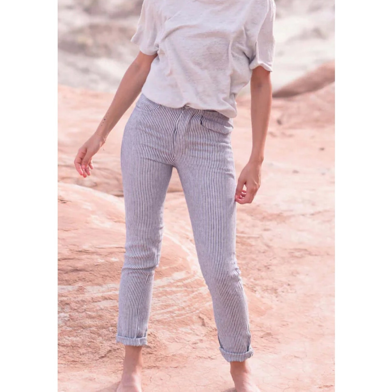 Alex Crance Women Sze 28 USA Button Fly 100% European Linen Cham Pants Stripe