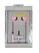 Heyday, Wired Earbuds, Pink Hearts, 3.5mm Aux Plug, Built in Microphone, NEW