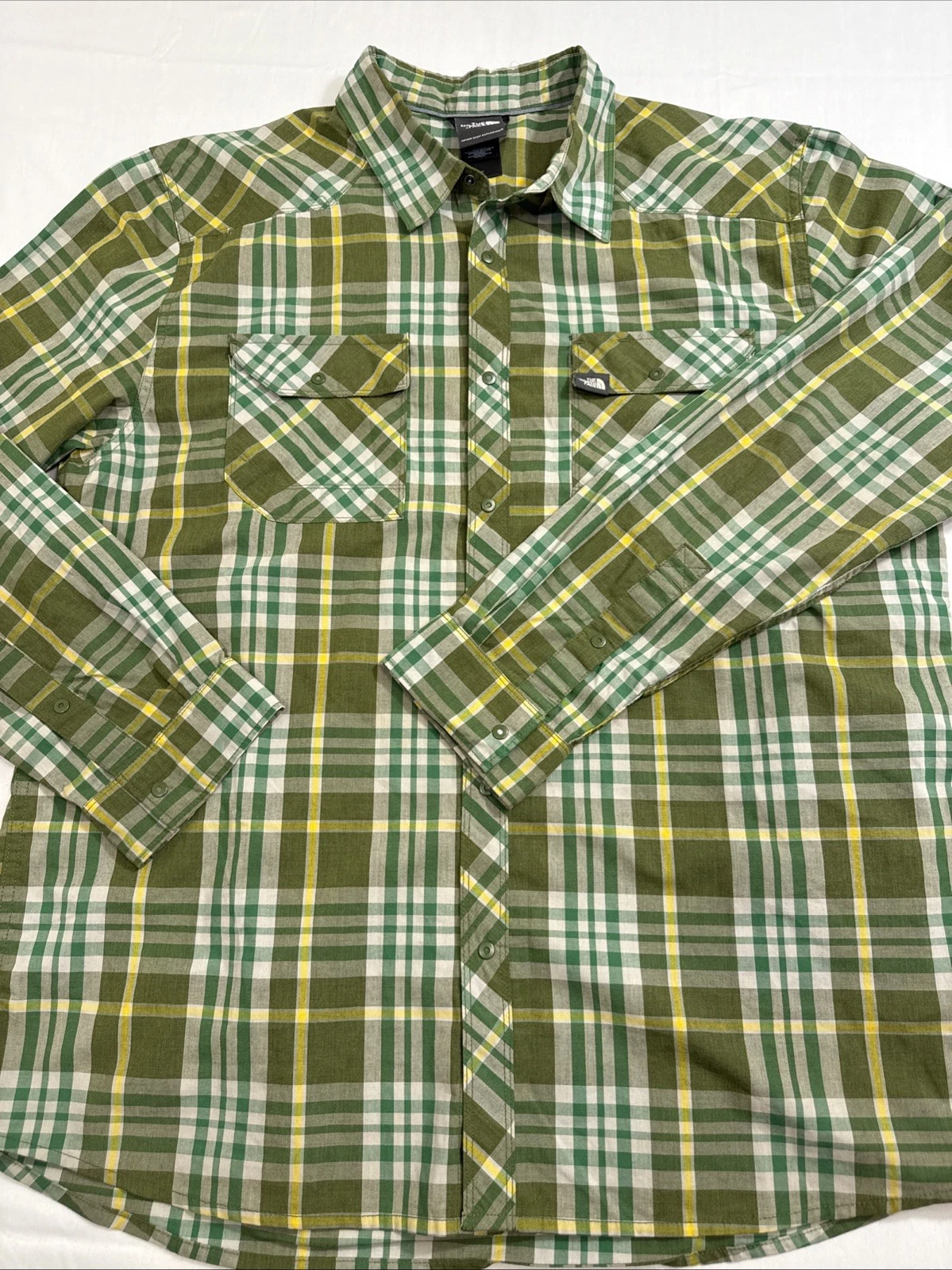 SHIRT North Face MENS XL Green Yellow Plaid L/S Snap Button Up FLAP POCKETS