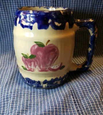 Vtg Alpine Pottery Mug  Roseville OH 1995 Apple Blue Sponge Farmhouse Country 