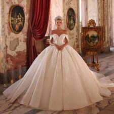 Luxury Beading Pearls Lace Wedding Dress Off Shoulder Sweetheart Bride Ball Gown