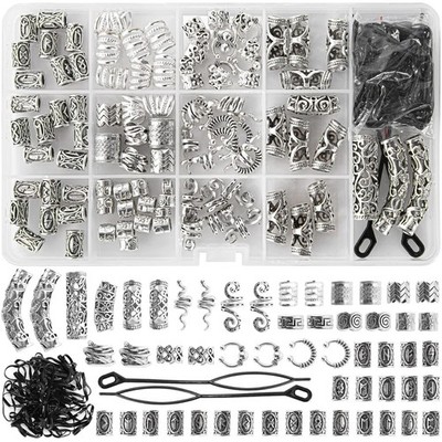 152PCS Vikings Hair Jewelry Norse Runes Tube Beads, Metal Clips Cuffs Rings, Acc