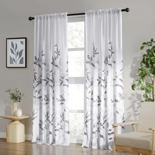 Grey and White Semi Sheer Curtains, 52"W x 84"L Pack of 2 Leaves-light Grey