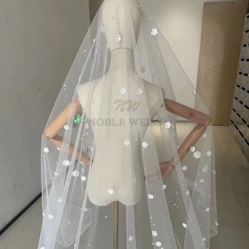 Pearls Bridal Veil 1T 3D Flowers Wedding Veils Without Comb Long Wedding Veils - Bild 16 von 18