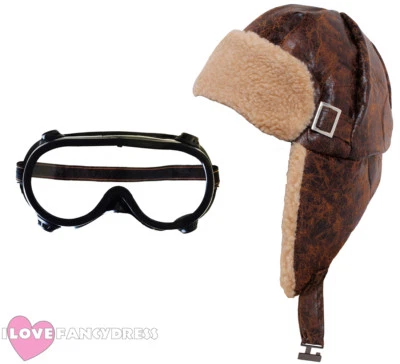 ILOVEFANCYDRESS FLYING HELMET AND GOGGLES 1940'S PILOT HAT AVIATOR FANCY DRESS WARTIME COSTUME