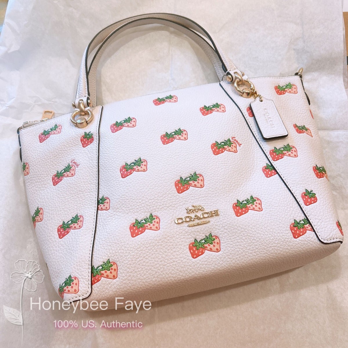 美品＊COACH ウエストバッグ レザーアイボリー ホース&キャリッジ NWT Coach Kacey Satchel With Strawberry Print CB597 (chalk color