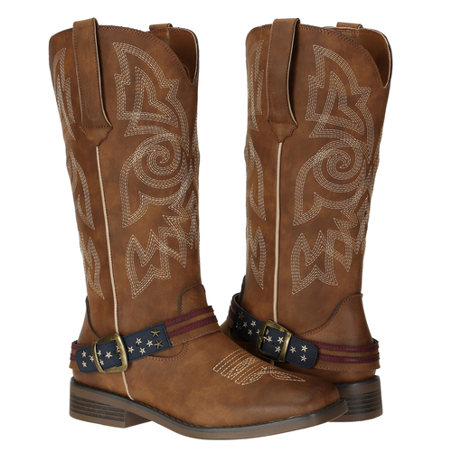 Women's Ladies Square Toe Western Cowgirl Cowboy Boots Mid Calf Boots Brown - Picture 1 of 12