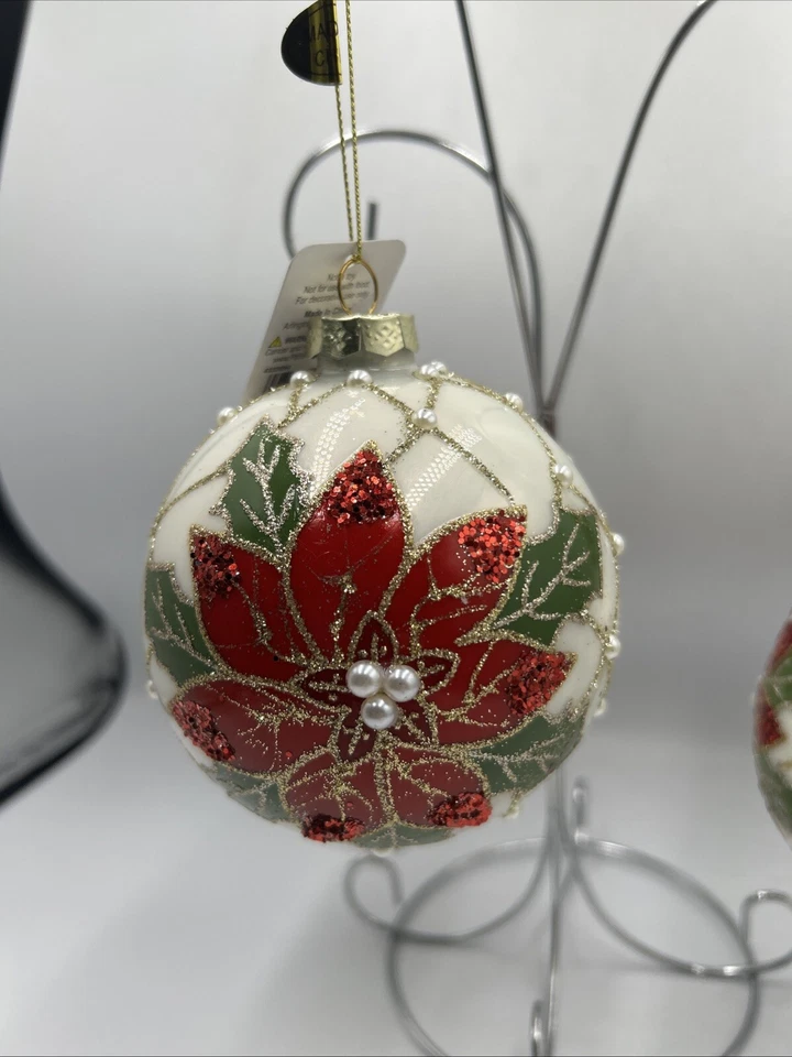 RAZ Imports Juego de 3 Adornos de Navidad Rojo Brillante Flor de Pascua NUEVO Foto 3 de 4