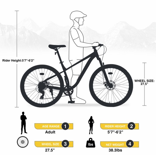 27.5 Inch 8 Speed Steel Mountain Bike for Men Women, Front Suspension, Yellow - Picture 5 of 6