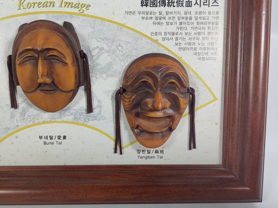 Korean Traditional Masks Framed in Shadow Box Wall Art Decor Used See