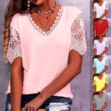 Womens V Neck Plain Short Lace Sleeve T-Shirt Ladies Casual Tops Blouse Tees US