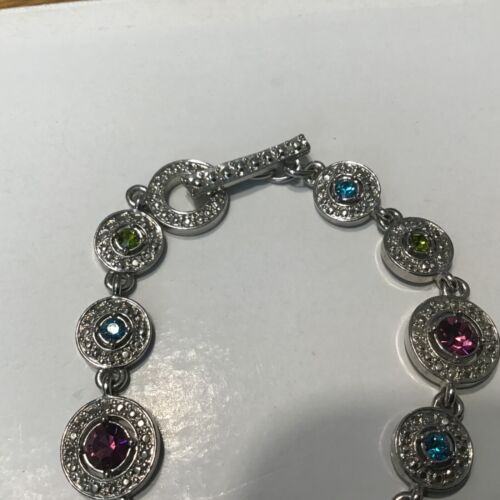 Rhinestone Crystal Link Toggle Bracelet Silver Tone 7” Pave Style Signed M4M - Picture 4 of 6