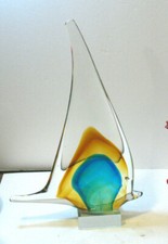 Vtg Hand Blown Murano Style Art Glass Tropical Blue GreenYellow Fish Statue 11''