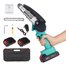 6" Electric Mini Chainsaw 24V Handheld Cordless Wood Cutter w/ Chain & 2 Battery
