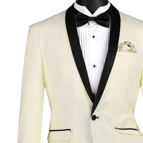 VINCI Men's Ivory Shawl Collar One Button Slim Fit Formal Tuxedo Suit NEW - Picture 3 of 3