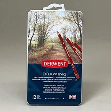DERWENT (12 COUNT) Drawing Pencils Water Soluble in Metal Tin Case 0700671