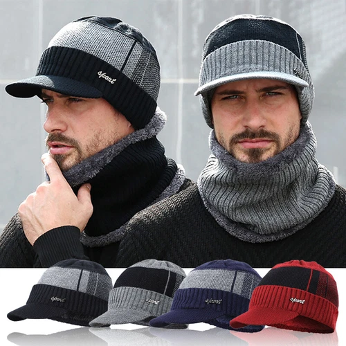 Mens Winter Warm Fleece Knitted Beanie Hat Visor Brim Cap With Soft Neck Warmer - Picture 1 of 22