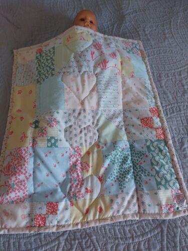 New Baby pram quilt, dark beige with pink flora 4 red/gold, hearts, patchwork, - Picture 2 of 6