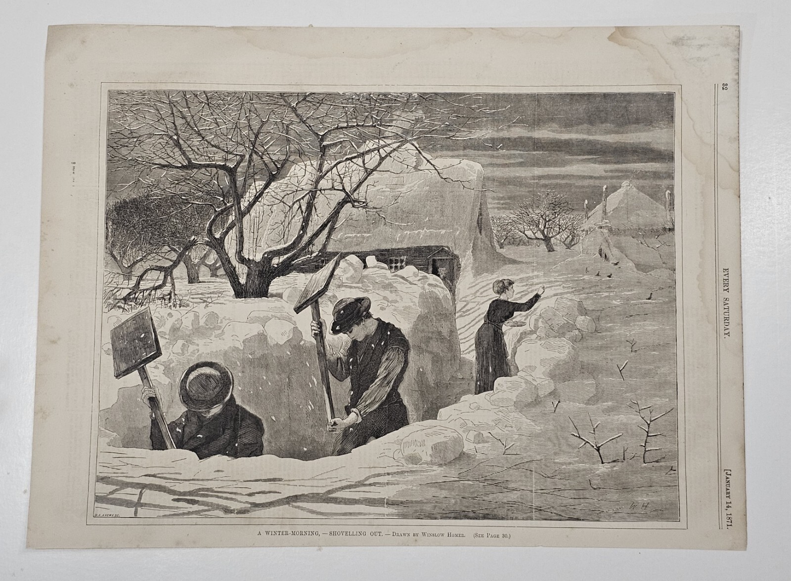RARE "A Winter Morning - Shovelling Out" Winslow Homer,Published January 14 1871