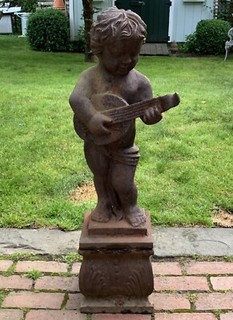 RARE ANTIQUE 100lb CAST IRON BOY PLAYING MANDOLIN LAWN GARDEN STATUE FIGURE 36”