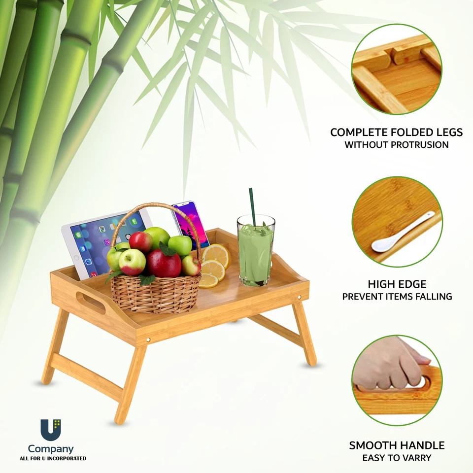 Bamboo Bed Tray Table with Handles and Folding Legs - Kitchen Serving Tray - Image 4 of 4