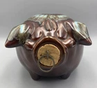 Vintage 1957 Corky Pig Brown w/Blue Ceramic Piggy Bank Hull Pottery Cork Nose