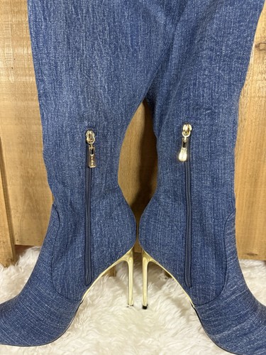 Bebe Mujer Tacones de Aguja Fiesta Botas hasta la Rodilla Azul Jeans Denim Punta Punta Talla 8.5 - Imagen 5 de 8