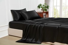 Silk Satin Sheets Queen Black 400 Thread Count Cooling Deep Pocket Bed Sheet Set