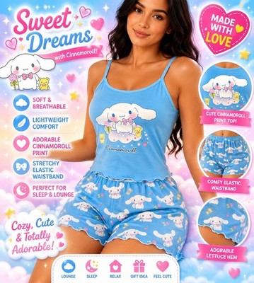 Women s Teens Cinnamoroll Blue Cartoon Ruffle Cami & Shorts Pajama Lounge Set M