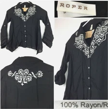 Roper Womens Small (38in Bust) Black Embroidered Lightweight Roll-Tab Sleeve Top