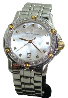 MAURICE LaCROIX WOMEN's TIAGO QUARTZ SS/18K WATCH WITH DIAMOND BEZEL MOP & DIAL